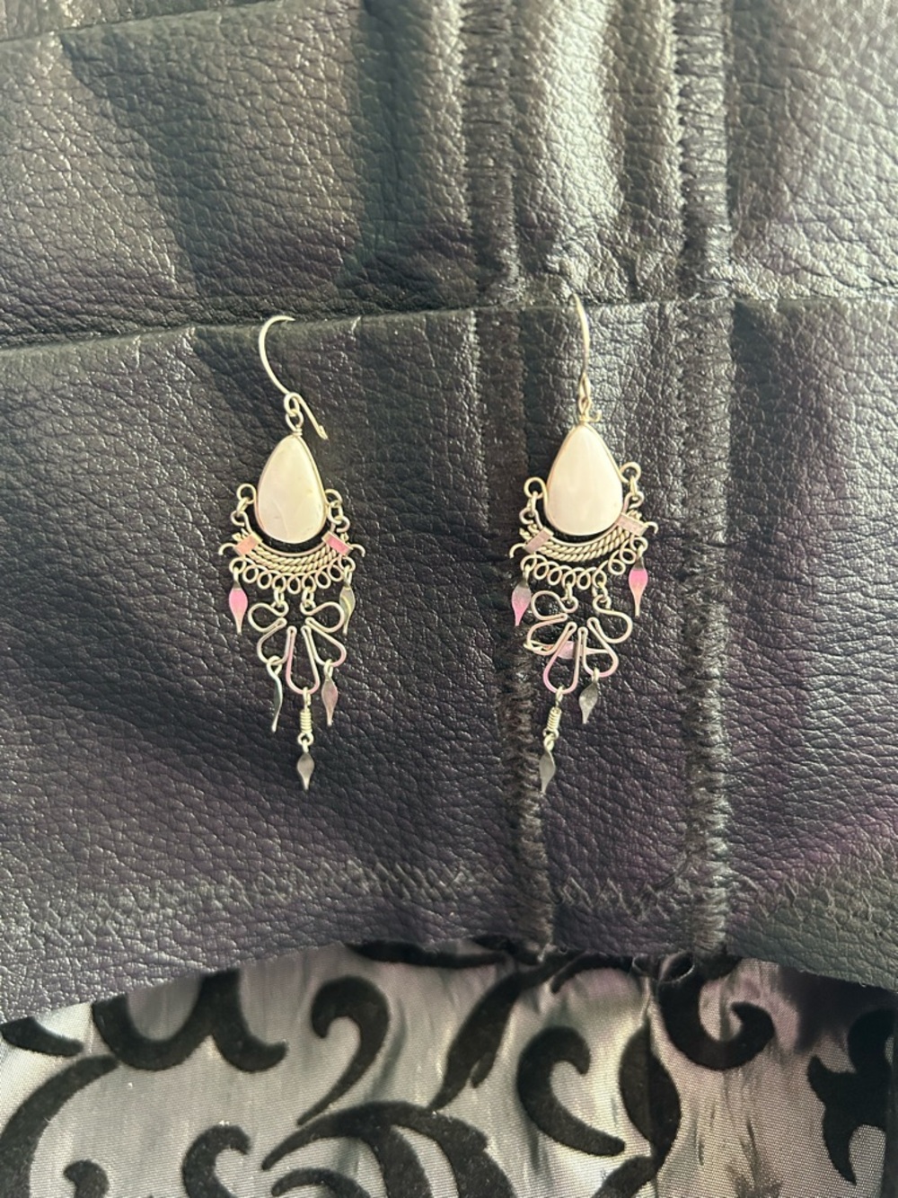 Peruvian silver with white natural stone Teardrop Filigree Dangle Earrings
